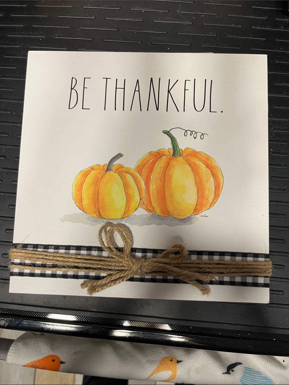 Rae Dunn Be Thankful Pumpkin Wall Art with Gingham Ribbon